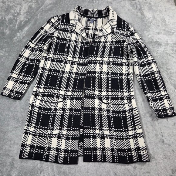 Chaps Cardigan Womens Small Black White Plaid Check Open Duster Sweater Preppy - Picture 3 of 7